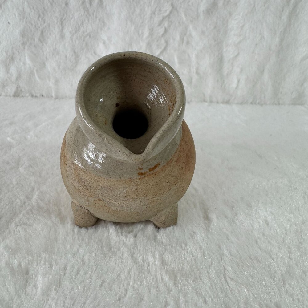 Vintage Handcrafted Ceramic Amphora Style Vase Handle Tripod Base Beige & Gray - Picture 2 of 9